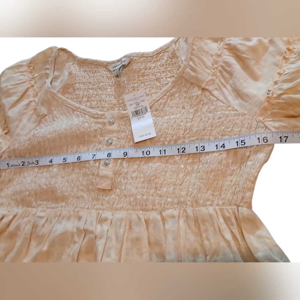American Eagle Smocked Ruffle Cropped Puff Sleeve Peplum Henly Shirt Cottagecore - Picture 10 of 11